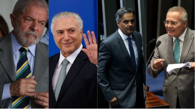 O ex-presidente Lula; o presidente Michel Temer; e os senadores Aécio Neves e Renan Calheiros
