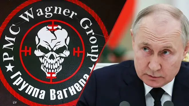 Владимир Путин и логотип ЧВК «Вагнер»