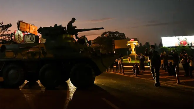 Armoured vehicles have appeared on the streets of several cities, including Yangon (pictured)