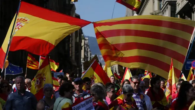 Banderas españolas y señeras se mezclaron en la marcha a favor de la unidad.