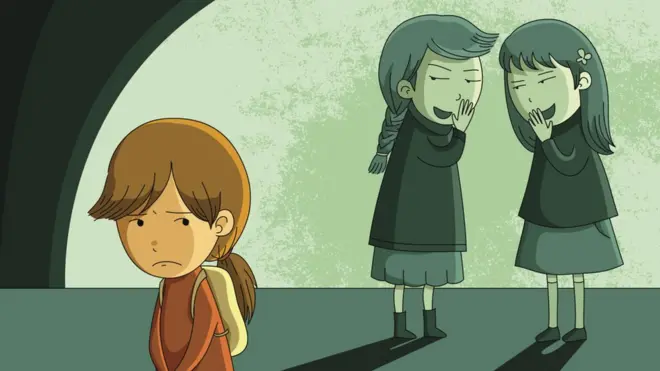 Two cartoon girls whispering about another girl