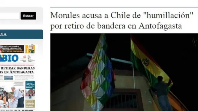 Así reportó el periódico estatal boliviano Cambio la noticia del incidente de las banderas bolivianas en Antofagasta.
