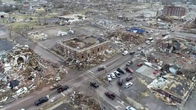 Aerial view of damage in Mayfield