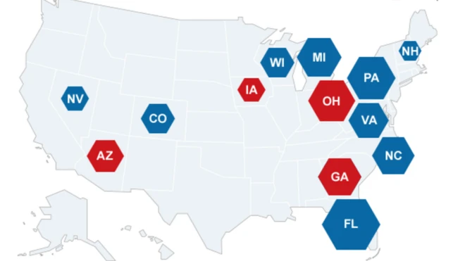 Mapa hecho por la BBC que muestra cuáles son los estados determinantes en la elección estadounidense. Estos son: Nuevo Hampshire, Arizona, Colorado, Nevada, Ohio, Florida, Pensilvania, Virginia, Carolina del Norte, Michigan, Iowa, Wisconsin y Georgia.
