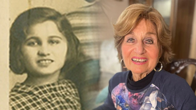 On the left, a black-and-white photograph of a child. On the right, a colour photo of a woman.