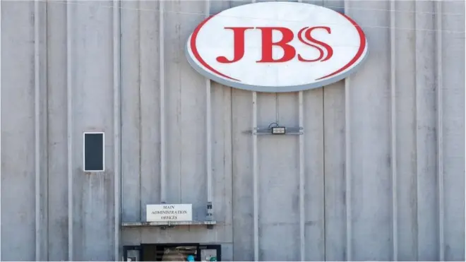 JBS logo at plant in Greeley, Colorado, April 2020 file picture