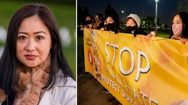 Linda Nguyen, right, a victim of anti-Asian attacks, joins members of the Vietnamese community and others hold up a banner against Asian hate during a gathering at Fountain Valley Sports Park in Mile Square Park in Fountain Valley on Thursday, March 4, 2021e been subject to hate because they have been linked to bringing the virus. (Photo by Leonard Ortiz/MediaNews Group/Orange County Register via Getty Images)