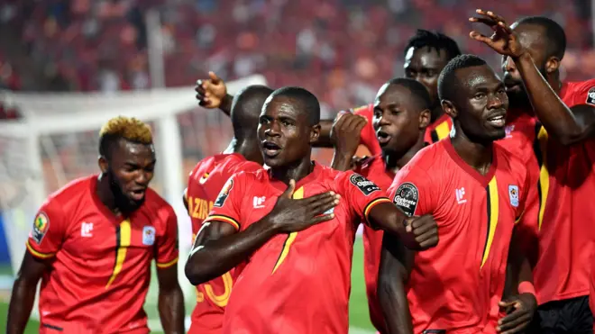 Uganda celebrate scoring at the Nations Cup