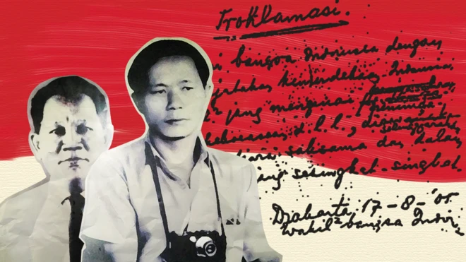 Wartawan foto yang mengabadikan Proklmasi Kemerdekaan Indonesia, Alex Mendur dan Frans Mendur. Foto-foto IPPHOS/Tugu Pers Mendur, ilustrasi Arvin Supriyadi/BBC.