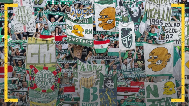 Ferencvaros fans display banners supporting their club