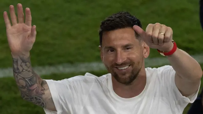 Lionel Messi greets the fans at Inter Miami