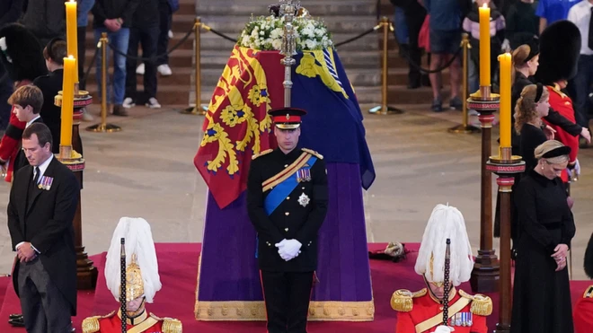 The Queen's eight grandchildren, led by Princes William and Harry, stood vigil at her coffin at Westminster Hall