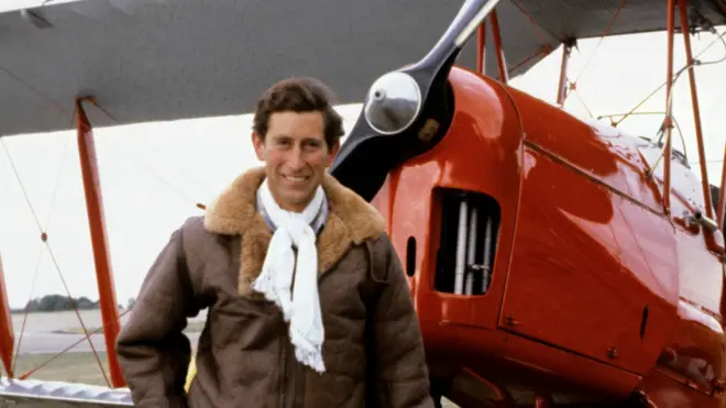 Prince of Wales in a Biggles-style flying outfit at RAF Benson