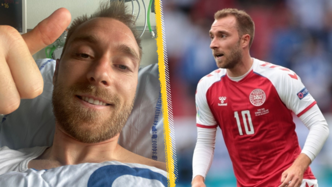 Christian Eriksen pictured with his thumb up while recovering in hospital and playing for Denmark