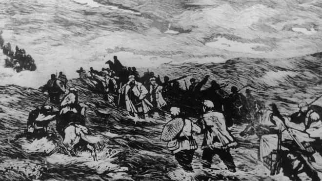 Tranh tuyên truyền của TQ về cuộc 'Vạn lý Trường chinh' 1935 khi Mao Trạch Đông đưa nhóm tàn quân cộng sản vượt đèo lội suối lên vùng Tây Bắc để bảo toàn lực lượng