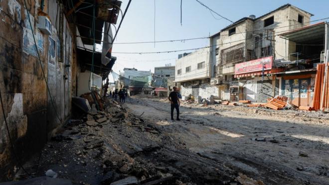 A street in Jenin, in the occupied West Bank, damaged during a major Israeli military operation (4 July 2023)