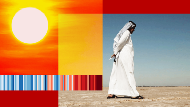 Montagem do sol e de homem iraquiano caminhando pela terra seca