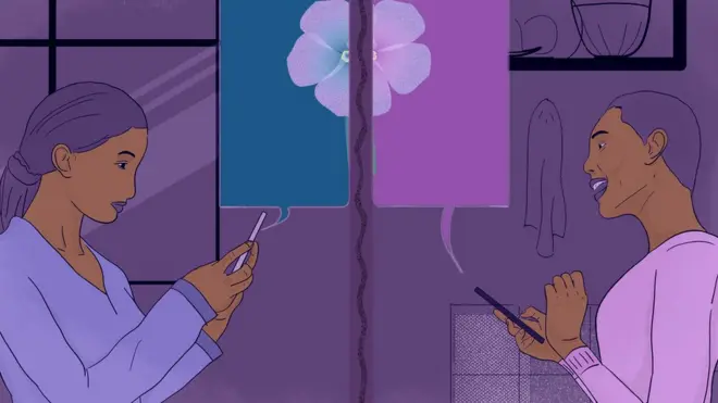 Ilustración de mujeres mandándose mensajes de texto.