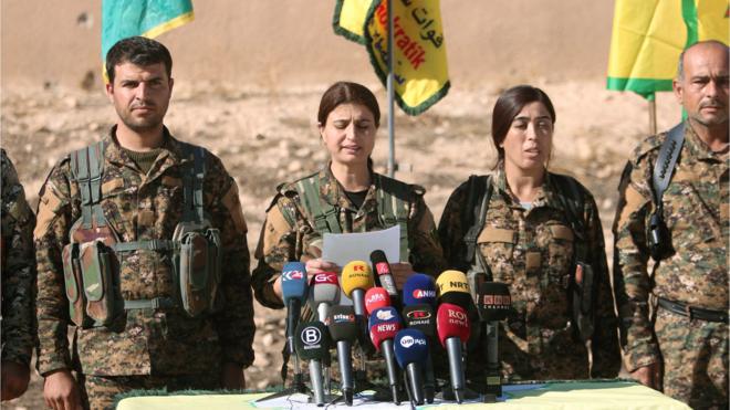 Syrian Democratic Forces (SDF) commanders attend a news conference in Ain Issa, Raqqa Governorate, Syria November 6, 2016.