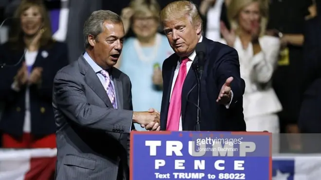 حظي ترامب أثناء حملته الانتخابية بتأييد نايجل فاراج، زعيم حزب استقلال المملكة المتحدة اليميني، ومارين لوبان، زعيمة حزب الجبهة الوطنية اليميني في فرنسا