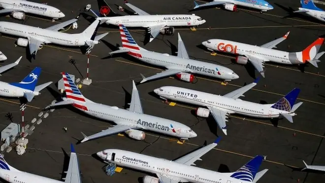 Grounded Boeing 737 MAX aircraft are seen parked in an aerial photo at Boeing Field in Seattle, Washington, U.S. July 1, 2019.