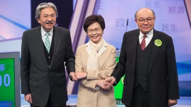 香港3名行政长官候选人曾俊华、林郑月娥及胡国兴出席电视辩论会，这是3人首次同台较量。