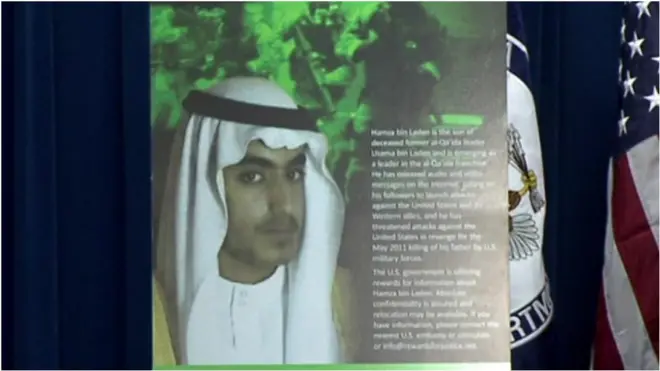 امريکا د اسامه بن لادن زوی حمزه د نيولو لپاره يو ميليون جايزه ټاکلې، فکر کېږي، دی د القاعدې يو مهم مشر وي.