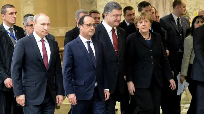 Лідери України, Німеччини, Франції та Росії на переговорах у Мінську, 11 лютого 2015 року