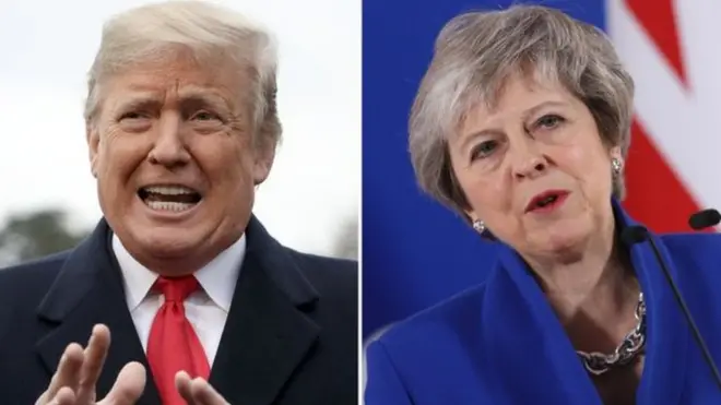 Perezida Trump w'Amerika (ibumoso) avuga ko amasezerano ya Theresa May (iburyo), minisitiri w'intebe w'Ubwongereza, yo gukura Ubwongereza mu muryango w'Ubumwe bw'Uburayi yabangamira ubucuruzi hagati y'ibihugu byombi