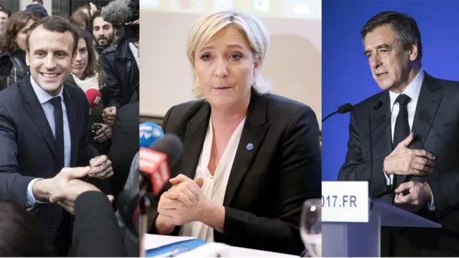 Кандидати у президенти Франції: Еммануель Макрон (ліворуч), Марін Ле Пен (у центрі), Франсуа Фійон (праворуч)