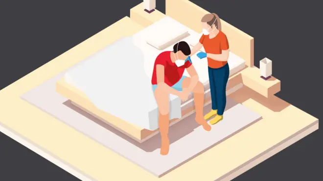 Covid patient in a room, illustration