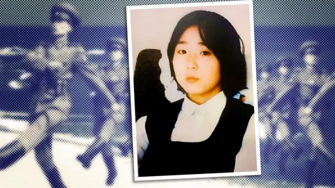 A composite image showing a picture of a Japanese 13-year-old, Megumi Yokota, superimposed over North Korean soldiers marching