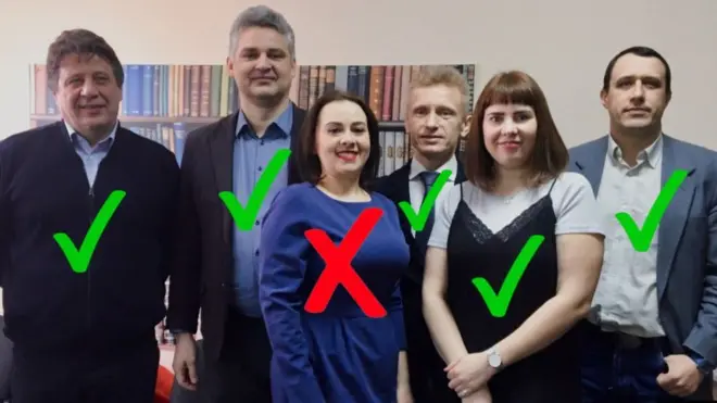 На кандидатуре Анны Канапацкой, бывшего депутата Верховного совета, члены штаба оппозиционных праймериз поставили крест с самого начала. Слева направо на фото: Николай Козлов, АЮрий Губаревич, Анна Канапацкая (не зарегистрированная штабом), Алексей Янукевич, Ольга Ковалькова и Павел Северинец.