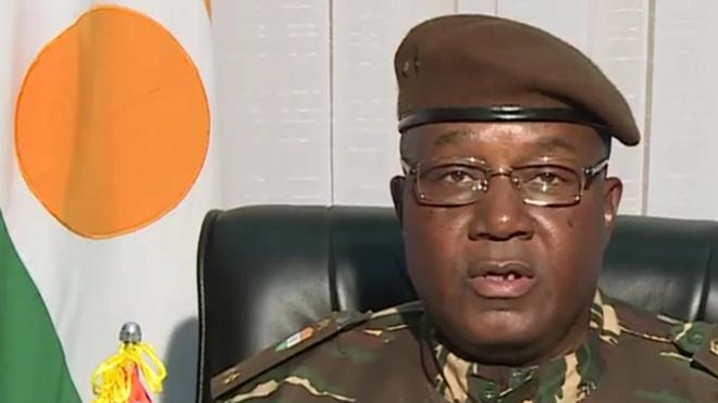 General Abdourahmane Tiani (has also been referenced as Abdourahmane Tchiani and Omar Tchiani) makes a televised address to the nation of Niger explaining the reasons for the coup, 28 July 2023. President Mohamed Bazoum is being held captive by his own guards