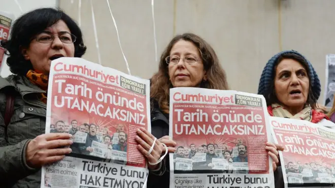 متظاهرات يحملن نسخا من صحيفة جمهوريت