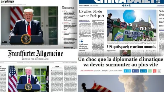 特朗普总统6月1日宣布决定美国退出巴黎气候协议，撼动全球媒体