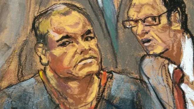 Desenho da audiência mostra El Chapo escutando o tradutor