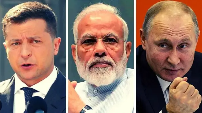 यूक्रेन के राष्ट्रपति वोलोदिमीर ज़ेलेंस्की, भारत के पीएम मोदी, रूस के राष्ट्रपति व्लादिमीर पुतिन