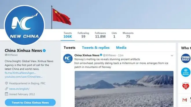 新华社的推特有1180万粉丝