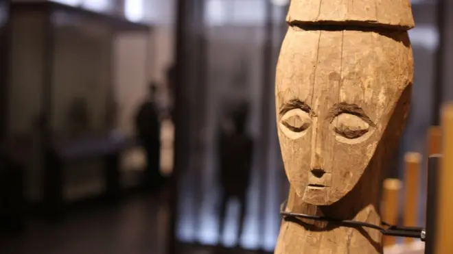 A mask is seen in one of the exhibition rooms of the brand new National museum of the Democratic Republic of Congo in Kinshasa