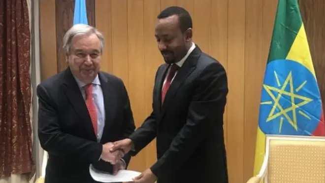 ቀዳማይ ሚኒስተር ኣቢይ ኣህመድ ንዋና ጸሓፊ ኣንቶንዮ ጉተረስ እገዳ ካብ ኤርትራ ክለዓል ወግዓዊ ሕቶ የቕርብ