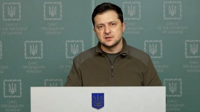 A still image taken from a handout video made released by the Ukrainian Presidential Press Service on 26 February 2022 shows Ukrainian President Volodymyr Zelensky speaking about the current situation in Kiev, Ukraine.