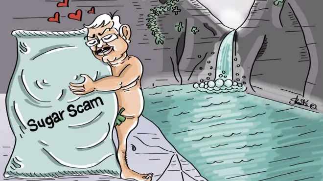 Cartoon - Gotabaya hugging a sugar sack, naked