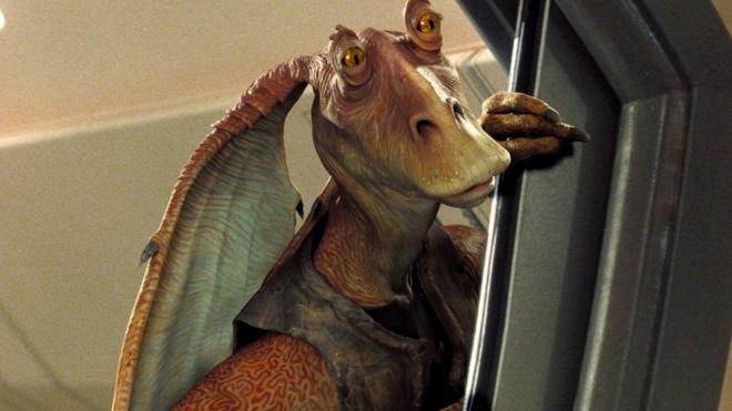 A picture of the big-eared orange alien Jar Jar Binks from the Star Wars prequel films