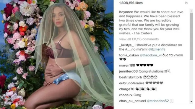Beyonce mengunggah sebuah foto yang menunjukkan dirinya tengah duduk dan mengelus perutnya yang membesar.