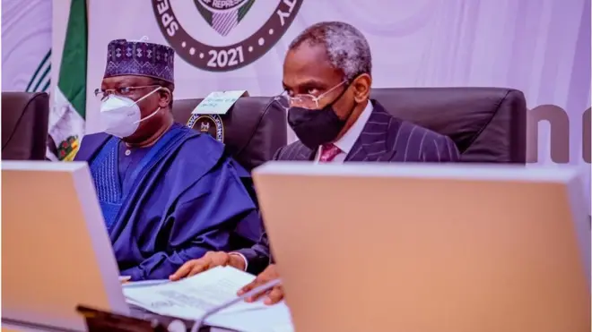Senate President Ahmed Lawan and Speaker of di House of Representatives, Femi Gbajabiamila for di National Security Summit wey hold on Wednesday, March 26, 2021