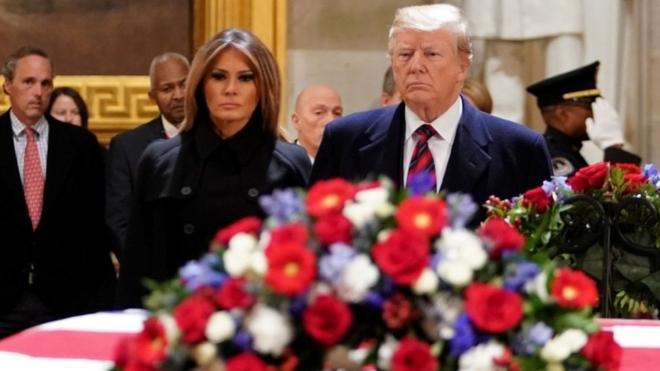 Donald and Melania Trump pay respects as President George HW Bush lies in state at the US Capitol