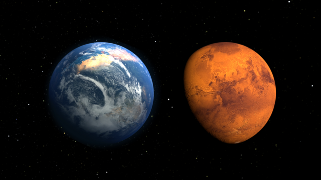 Ilustraciones de Marte en el pasado con atmósfera y océanos como la Tierra y actualmente