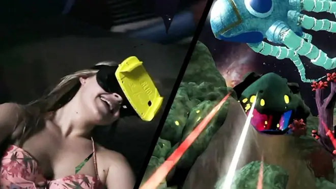 Девушка едет с горки аквапарка в шлеме виртуальной реальности
