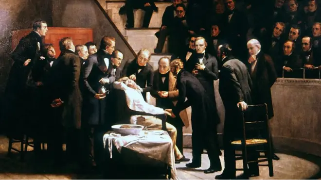 Ilustracija prve demonstracije hirurškog zahvata pod anestezijom u mašačusetskoj Opštoj bolnici 1846. godine